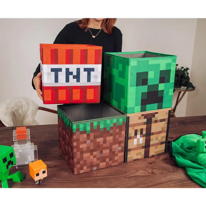 Minecraft 10-Inch Storage Set of 4 Bins | Includes Creeper, TNT, Grass, Crafting Table | Fabric Basket Container, Cubby Closet Organizer, Home Decor for Playroom | Video Game Gifts And Collectibles