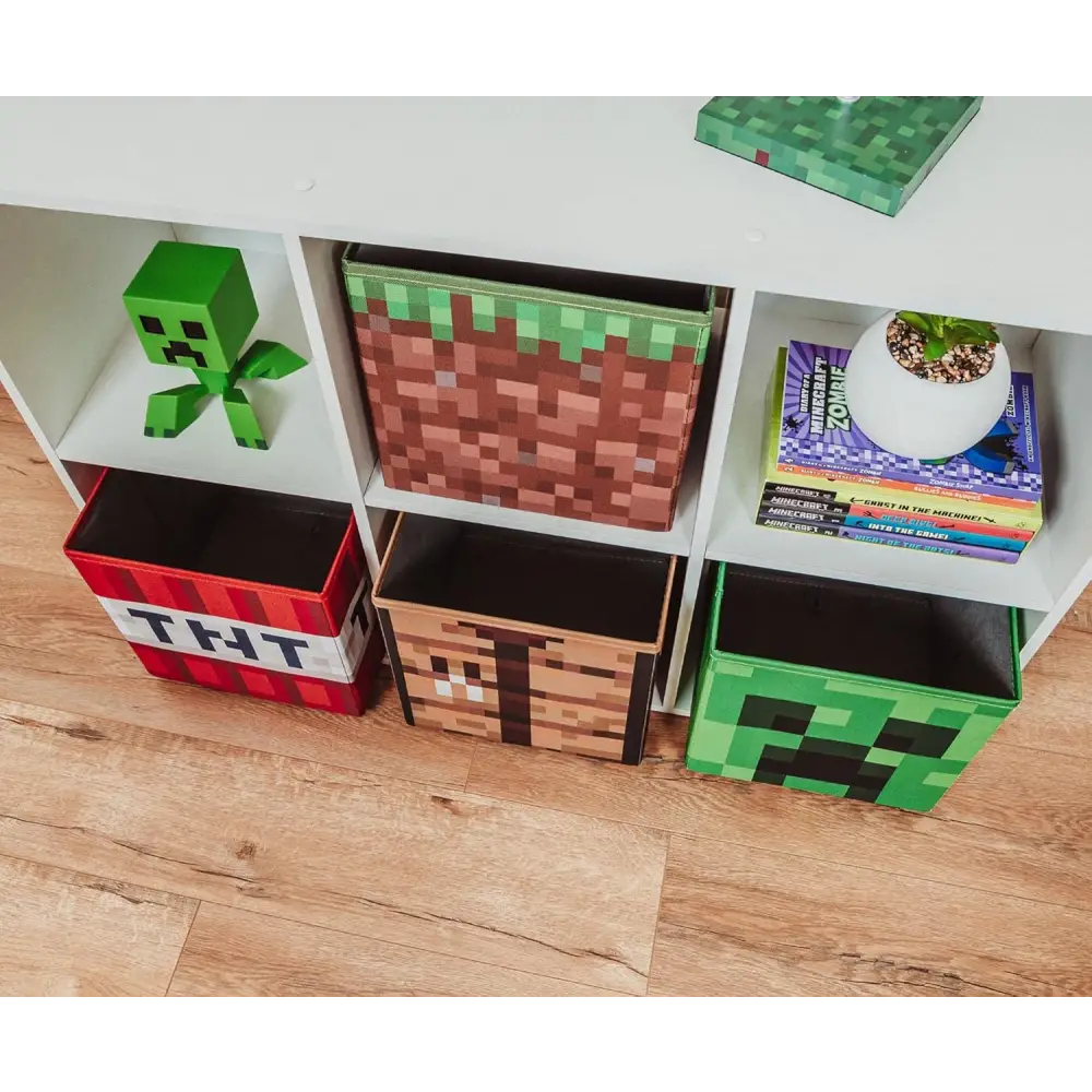 Minecraft 10-Inch Storage Set of 4 Bins | Includes Creeper, TNT, Grass, Crafting Table | Fabric Basket Container, Cubby Closet Organizer, Home Decor for Playroom | Video Game Gifts And Collectibles