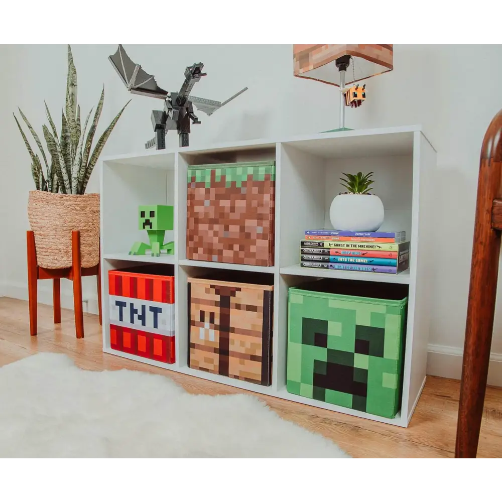 Minecraft 10-Inch Storage Set of 4 Bins | Includes Creeper, TNT, Grass, Crafting Table | Fabric Basket Container, Cubby Closet Organizer, Home Decor for Playroom | Video Game Gifts And Collectibles