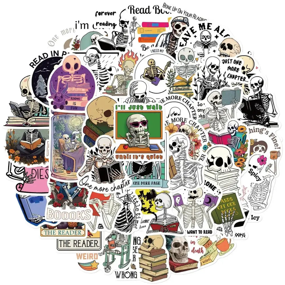 Funny Skull Stickers – 50 Piece Pack of Skull Reading Books & Anime Style Decals Paper products