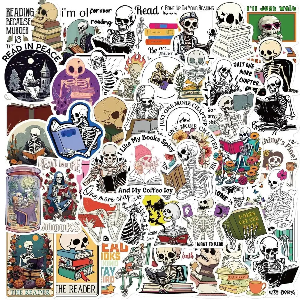 Funny Skull Stickers – 50 Piece Pack of Skull Reading Books & Anime Style Decals Paper products