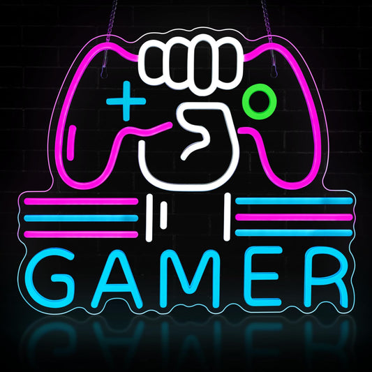 Gamer Neon Sign, Bright and Dimmable Large Colorful Neon Light for Gaming Video Room Bedroom Wall Decor, USB Powered LED Game Room Night Lights Gift for Boys Teen Kids Gamers(15.4X12.6") (Gamer) - Gapo Goods - 
