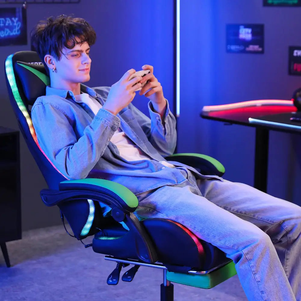 RGB Gaming Chair – Massage Gaming Chair with Bluetooth Speakers, Footrest & LED Lights Gaming Accessories