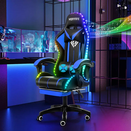 RGB Gaming Chair – Massage Gaming Chair with Bluetooth Speakers, Footrest & LED Lights Blue Gaming Accessories