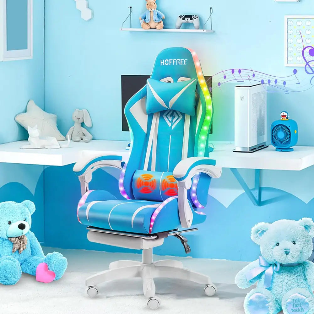RGB Gaming Chair – Massage Gaming Chair with Bluetooth Speakers, Footrest & LED Lights Light Blue Gaming Accessories