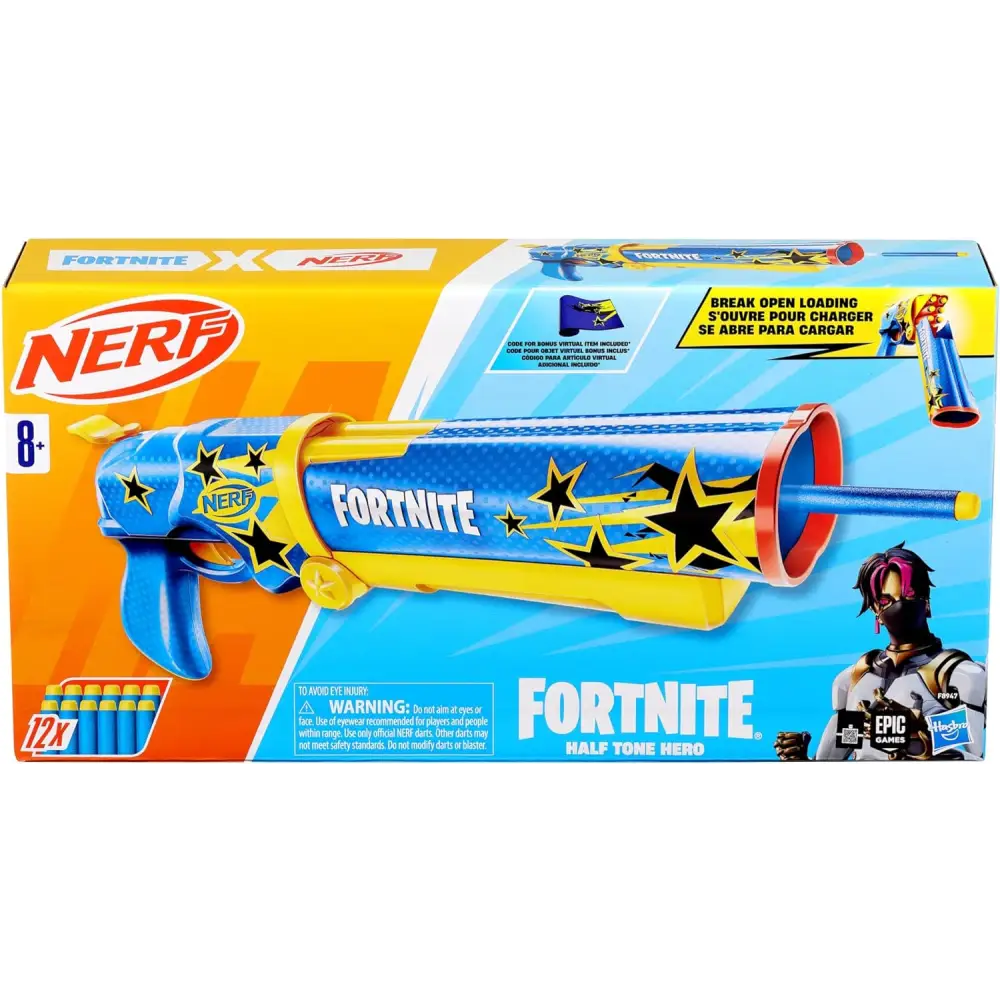 Nerf Fortnite Blaster – Half Tone Hero Wrap | Break Open Barrel, 12 Elite Darts Toy