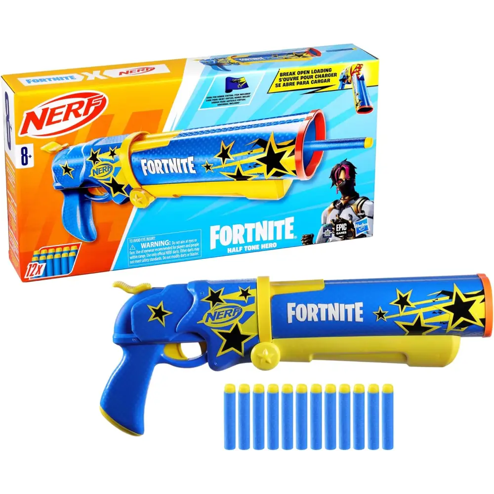 Nerf Fortnite Blaster – Half Tone Hero Wrap | Break Open Barrel, 12 Elite Darts Toy