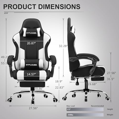 GTPLAYER Gaming Chair, Computer Chair with Footrest and Lumbar Support, Height Adjustable Game Chair with 360° - Swivel Seat and Headrest and for Office or Gaming (White) - Gapo Goods - 