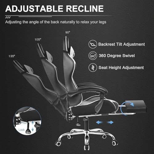 GTPLAYER Gaming Chair, Computer Chair with Footrest and Lumbar Support, Height Adjustable Game Chair with 360° - Swivel Seat and Headrest and for Office or Gaming (White) - Gapo Goods - 