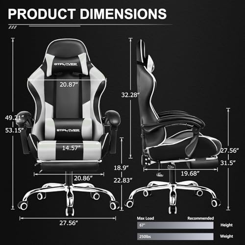 GTPLAYER Gaming Chair, Computer Chair with Footrest and Lumbar Support, Height Adjustable Game Chair with 360° - Swivel Seat and Headrest and for Office or Gaming (White) - Gapo Goods - 