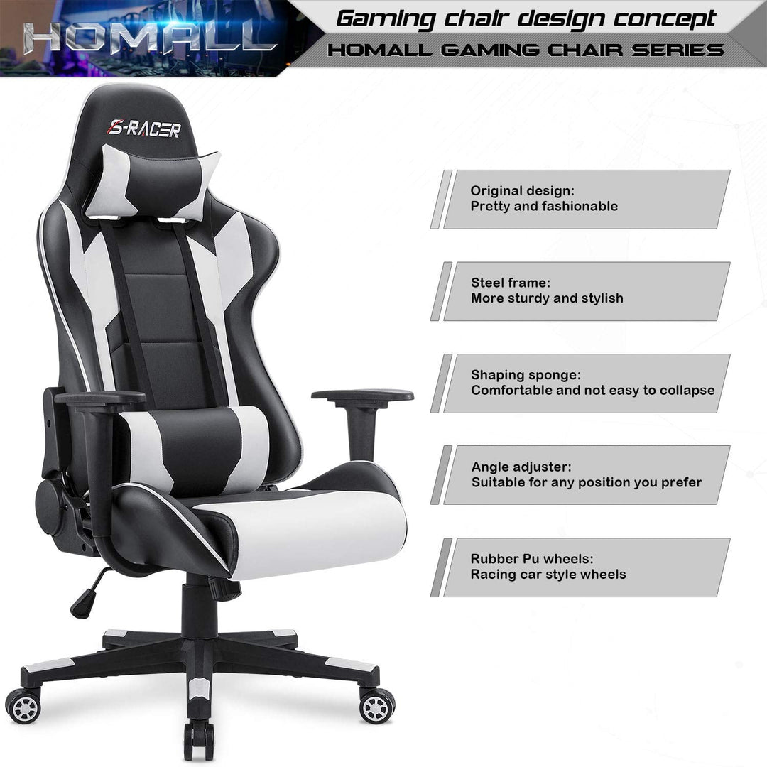 Homall Gaming Chair, Office Chair High Back Computer Chair Leather Desk Chair Racing Executive Ergonomic Adjustable Swivel Task Chair with Headrest and Lumbar Support (White) - Gapo Goods - 