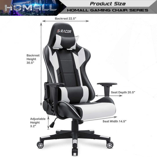 Homall Gaming Chair, Office Chair High Back Computer Chair Leather Desk Chair Racing Executive Ergonomic Adjustable Swivel Task Chair with Headrest and Lumbar Support (White) - Gapo Goods - 