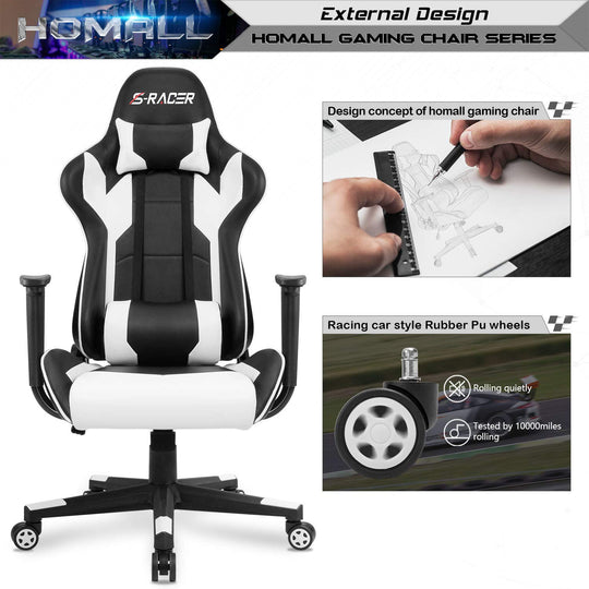 Homall Gaming Chair, Office Chair High Back Computer Chair Leather Desk Chair Racing Executive Ergonomic Adjustable Swivel Task Chair with Headrest and Lumbar Support (White) - Gapo Goods - 