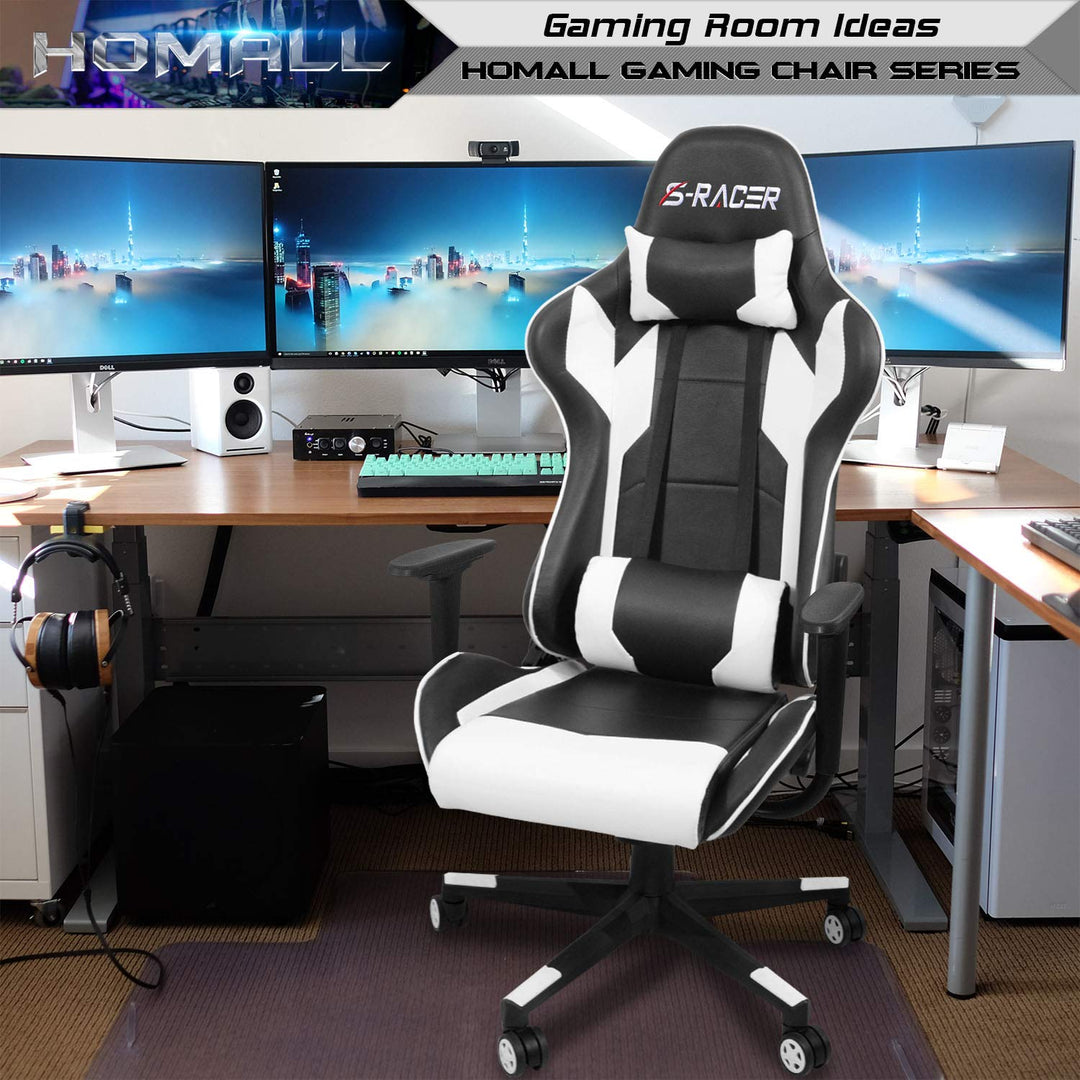 Homall Gaming Chair, Office Chair High Back Computer Chair Leather Desk Chair Racing Executive Ergonomic Adjustable Swivel Task Chair with Headrest and Lumbar Support (White) - Gapo Goods - 