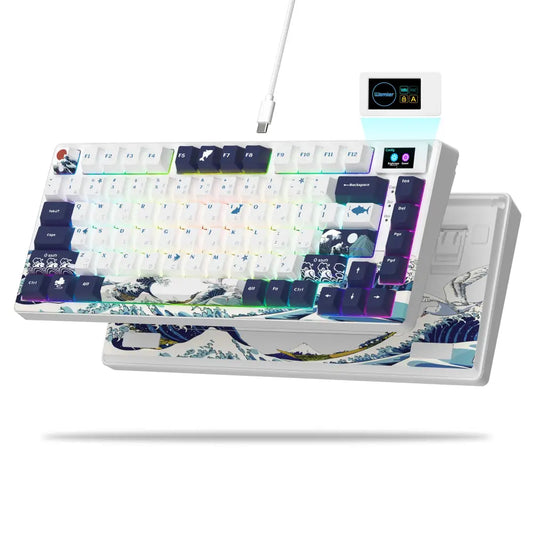 XVX Womier S-K80 75% Keyboard with Color Multimedia Display Mechanical Gaming Keyboard, Wired Hot Swappable Gasket Mount RGB Custom Keyboard, Pre-lubed Stabilizer for Mac/Win, Black Kanagawa White Kanagawa