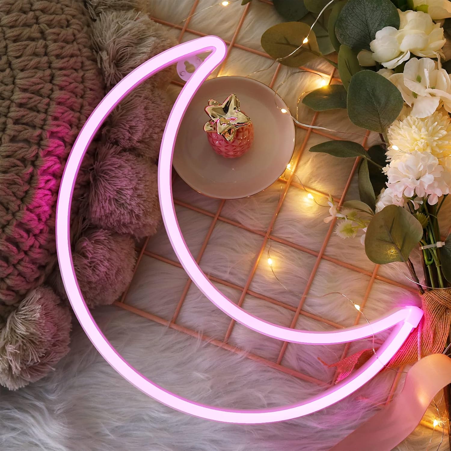LED Pink Moon Neon Light, Cute Neon Moon Sign,Christmas Room Decor Battery or USB Powered 5V Art LED Decorative Lights Night Lights Indoor for Home, Bedroom, Office,Dorm,Party (Pink Moon) - Gapo Goods - 