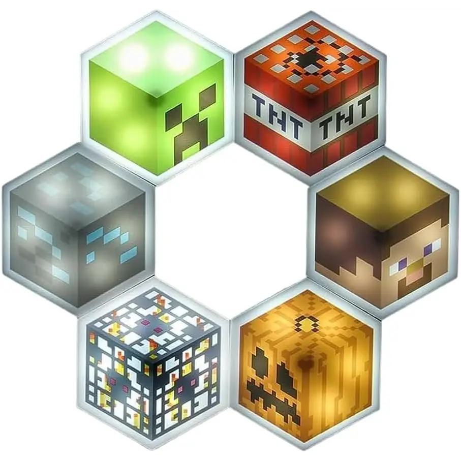 Paladone Minecraft Officially Licensed LED Hexagon Block Light Customizable Iconic Gamer Decor for Boys Room, Wall Mounting Remote or Touch Control Gaming Accessory Gift - Creeper, TNT and Steve