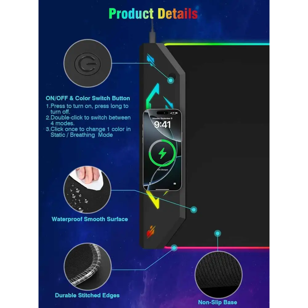 Magnetic Wireless Mouse Pad – Large Gaming Desk Mat with RGB Light Effects