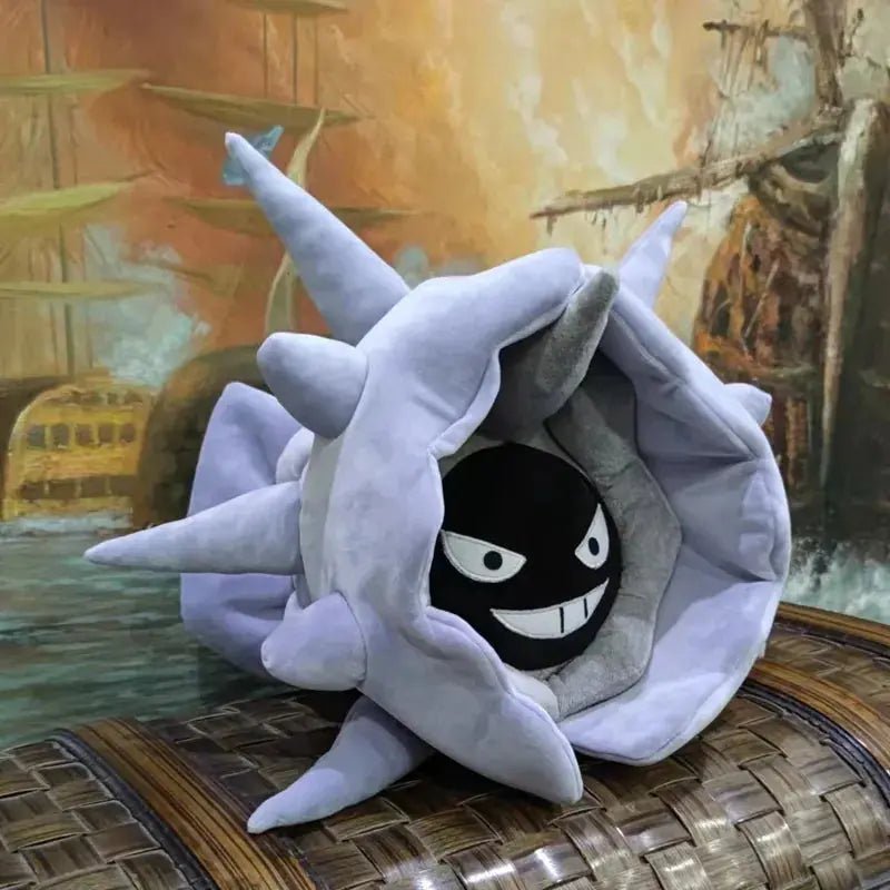 Purple Cloyster Pokemon plush with a smiling Gastly peeking out, soft stuffed 40cm doll