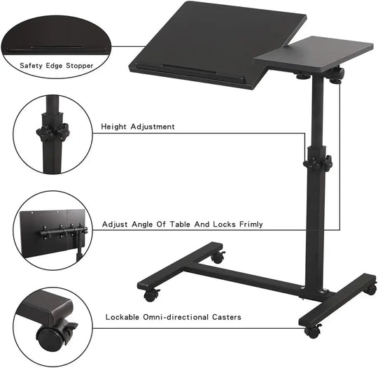 Overbed Bedside Desk Mobile Rolling Laptop Stand Tilting Overbed Table with Wheels Height Adjustable Tray Table for Laptop Bed Sofa Side Table (Black) - Gapo Goods - 