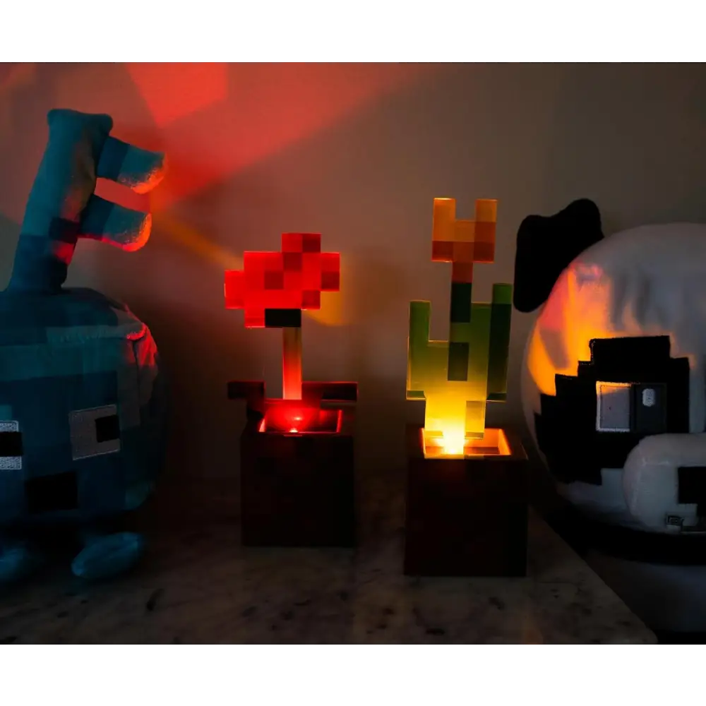 Minecraft Orange Tulip and Poppy Flower Pot Mood Lights, Set of 2 | Nightstand Table Lamp with LED Light for Bedroom, Desk, Living Room | Home Decor Room Essentials | Video Game Gifts And Collectibles