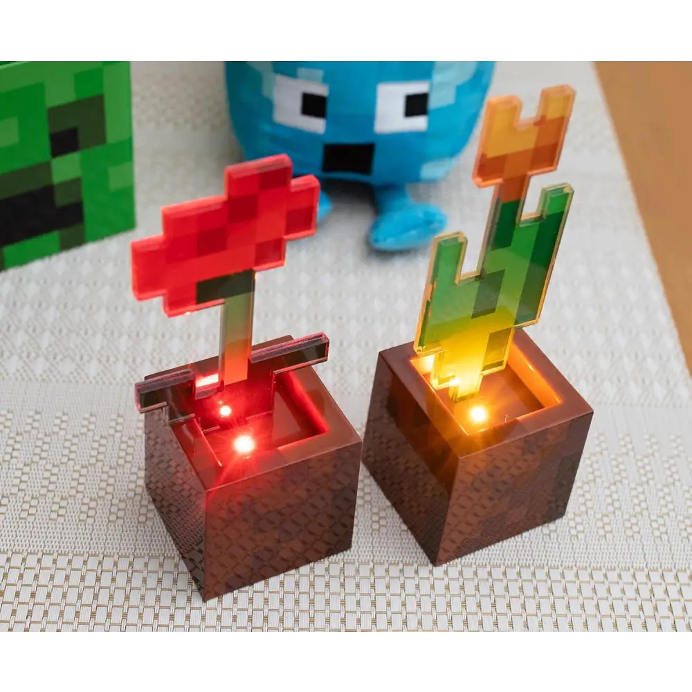Minecraft Orange Tulip and Poppy Flower Pot Mood Lights, Set of 2 | Nightstand Table Lamp with LED Light for Bedroom, Desk, Living Room | Home Decor Room Essentials | Video Game Gifts And Collectibles