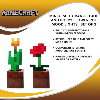 Minecraft Orange Tulip and Poppy Flower Pot Mood Lights, Set of 2 | Nightstand Table Lamp with LED Light for Bedroom, Desk, Living Room | Home Decor Room Essentials | Video Game Gifts And Collectibles