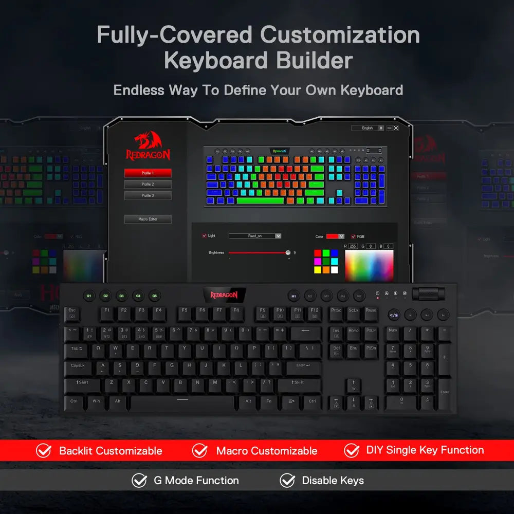 Redragon K618 Horus Wireless RGB Mechanical Keyboard, BT/2.4Ghz/Wired Tri-Mode Low Profile Gaming Keyboard w/Ultra-Thin Design, Dedicated Media Control & Linear Red Switch