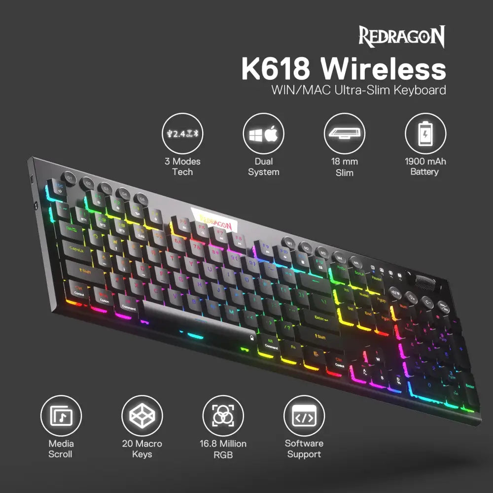 Redragon K618 Horus Wireless RGB Mechanical Keyboard, BT/2.4Ghz/Wired Tri-Mode Low Profile Gaming Keyboard w/Ultra-Thin Design, Dedicated Media Control & Linear Red Switch