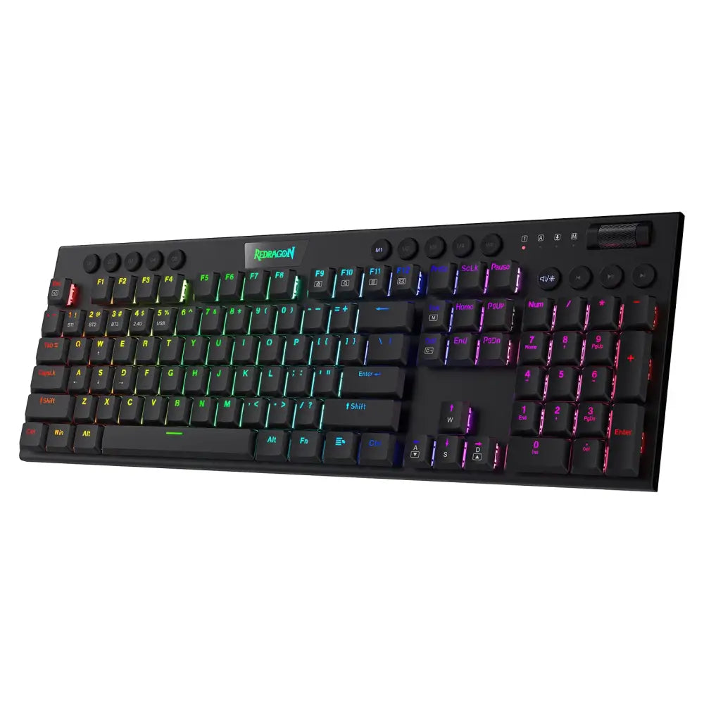 Redragon K618 Horus Wireless RGB Mechanical Keyboard, BT/2.4Ghz/Wired Tri-Mode Low Profile Gaming Keyboard w/Ultra-Thin Design, Dedicated Media Control & Linear Red Switch K618 Wireless