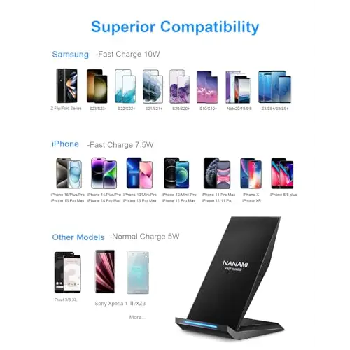 Fast Wireless Charger,NANAMI Qi Certified Wireless Charging Stand Compatible iPhone 15/15 Pro/15 Plus/15 Pro Max/14/14 Pro/13/12,Samsung Galaxy S24/S23/S22/S21/S20/Note 20 Ultra and Qi-Enabled Phone