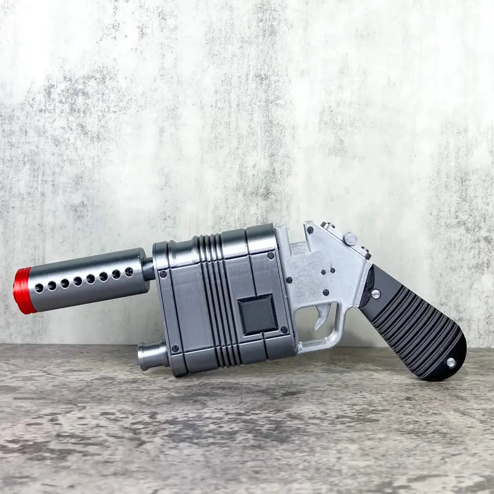 Rey Blaster Replica – Fully Assembled Movie Prop Blaster with Movable Trigger Silver (grey lines) Collectible