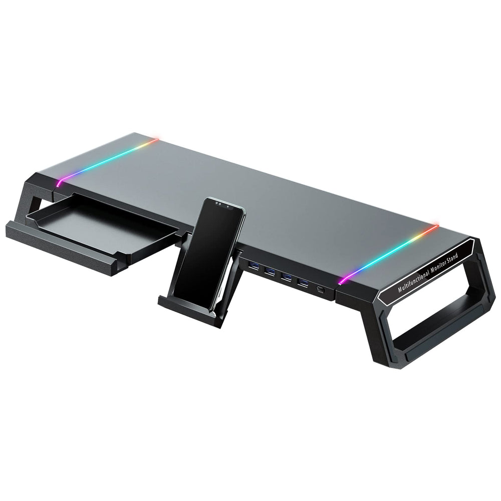 RGB Gaming Computer Monitor Stand Riser with Drawer,Storage and Phone Holder - 1 USB 3.0 and 3 USB 2.0 Hub, 3 Length Adjustable - Gapo Goods - 