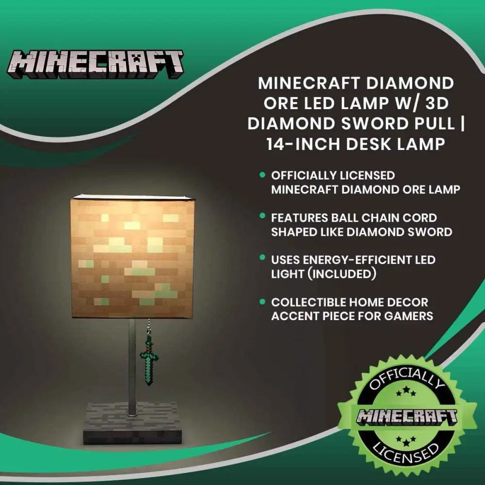 Minecraft Diamond Ore Lamp - 14-Inch LED Table Lamp with Diamond Sword Pull Chain Home Decor