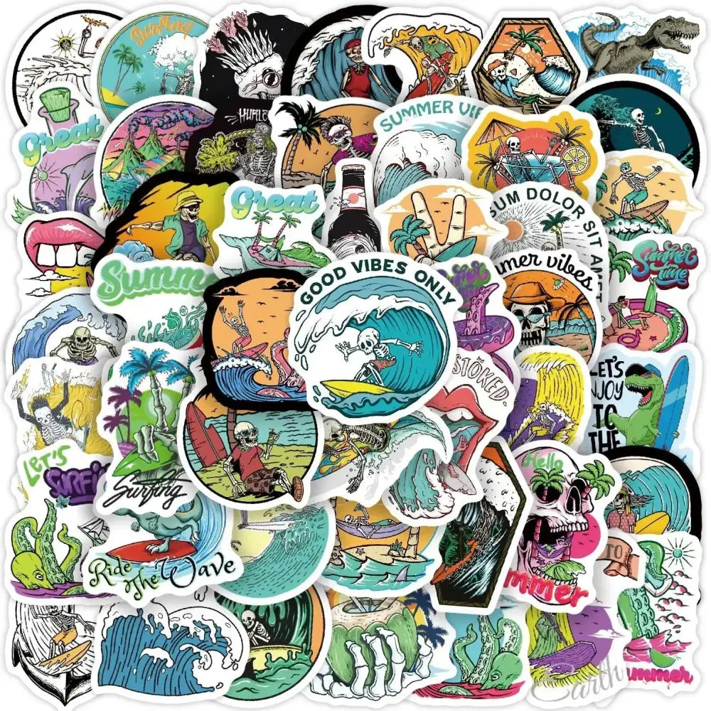 Summer Skull Stickers – 50 Piece Surfing Sticker Pack With Retro Anime Style Stickers