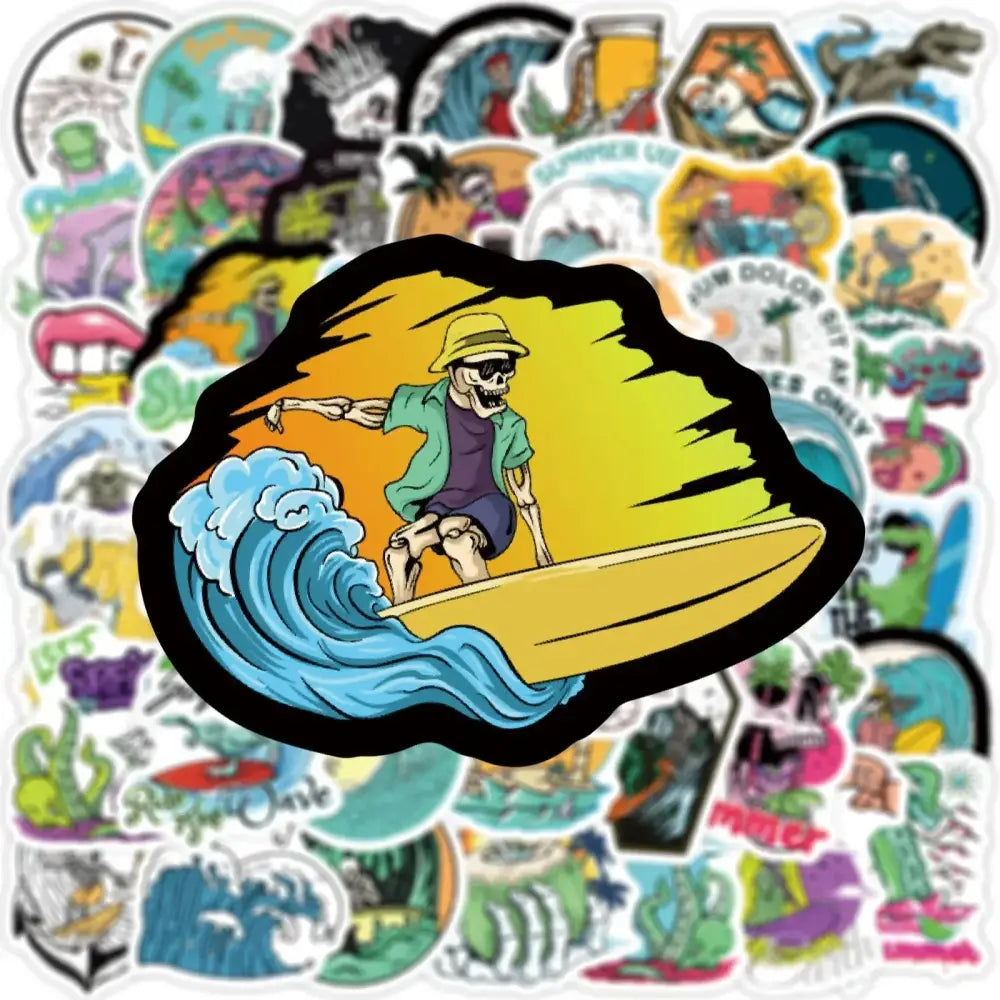 Summer Skull Stickers – 50 Piece Surfing Sticker Pack With Retro Anime Style Stickers