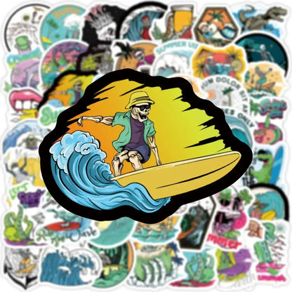 Summer Skull Stickers – 50 Piece Surfing Sticker Pack With Retro Anime Style Stickers