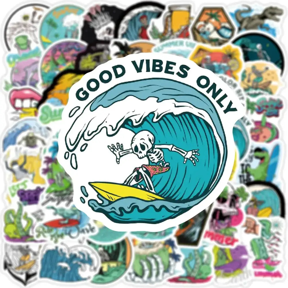Summer Skull Stickers – 50 Piece Surfing Sticker Pack With Retro Anime Style Stickers