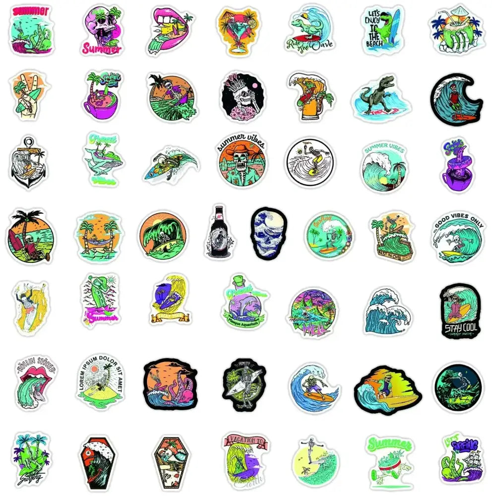 Summer Skull Stickers – 50 Piece Surfing Sticker Pack With Retro Anime Style Stickers