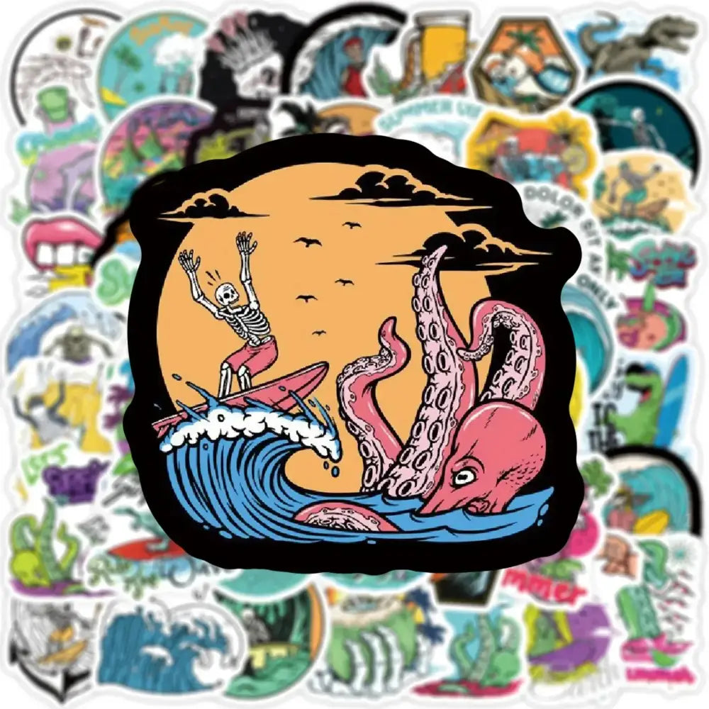 Summer Skull Stickers – 50 Piece Surfing Sticker Pack With Retro Anime Style Stickers