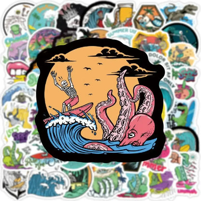 Summer Skull Stickers – 50 Piece Surfing Sticker Pack With Retro Anime Style Stickers