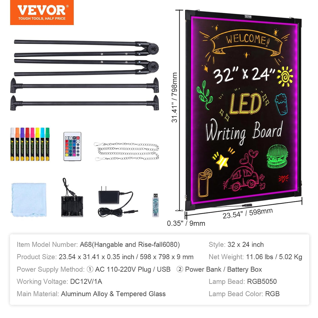 VEVOR LED Message Writing Board, 32"x24" Illuminated Erasable Lighted Chalkboard, Neon Effect Menu Sign Board, Drawing Board with 8 Fluorescent Chalk Markers and Remote Control - Gapo Goods - 