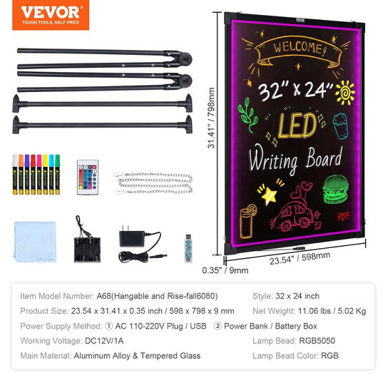 VEVOR LED Message Writing Board, 32"x24" Illuminated Erasable Lighted Chalkboard, Neon Effect Menu Sign Board, Drawing Board with 8 Fluorescent Chalk Markers and Remote Control - Gapo Goods - 