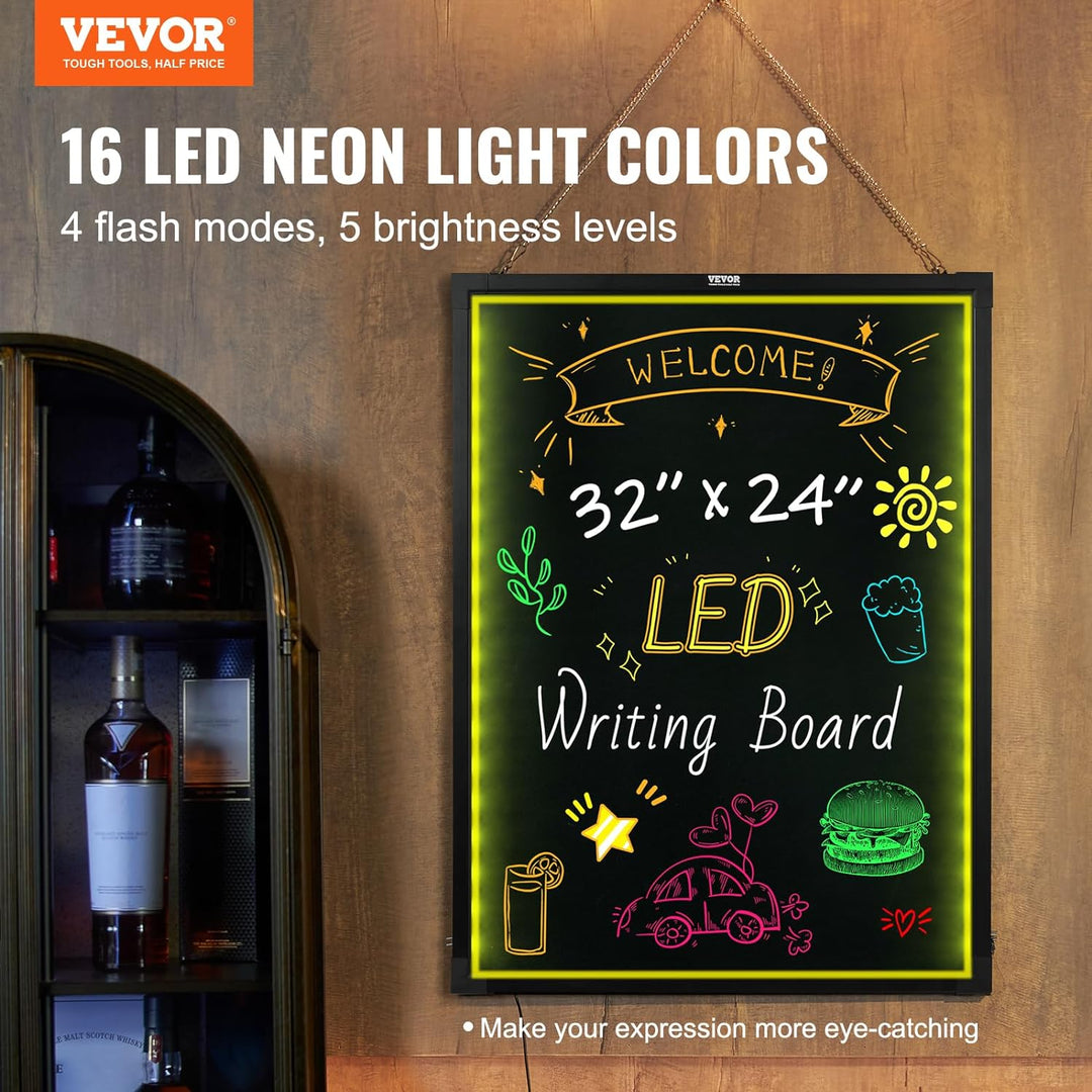 VEVOR LED Message Writing Board, 32"x24" Illuminated Erasable Lighted Chalkboard, Neon Effect Menu Sign Board, Drawing Board with 8 Fluorescent Chalk Markers and Remote Control - Gapo Goods - 