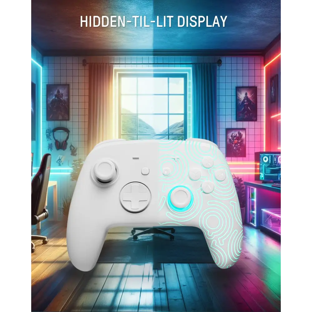 FUNLAB [Luminous Pattern] Switch Pro Controller Wireless Compatible with Switch/OLED/Lite, Firefly Bluetooth Remote Gamepad with 7 LED Colors/Paddle/Turbo/Motion Control - White