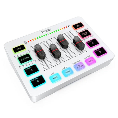 FIFINE Gaming Audio Mixer, Streaming RGB PC Mixer with XLR Microphone Interface, Individual Control, Volume Fader, Mute Button, 48V Phantom Power, for Podcast/Recording/Vocal/Game Voice-AmpliGame SC3 White