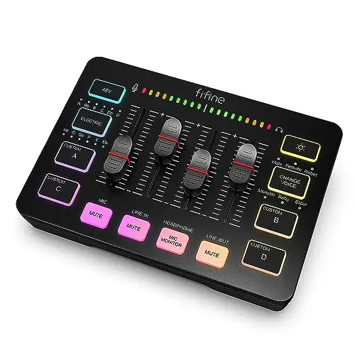 FIFINE Gaming Audio Mixer, Streaming RGB PC Mixer with XLR Microphone Interface, Individual Control, Volume Fader, Mute Button, 48V Phantom Power, for Podcast/Recording/Vocal/Game Voice-AmpliGame SC3 Black