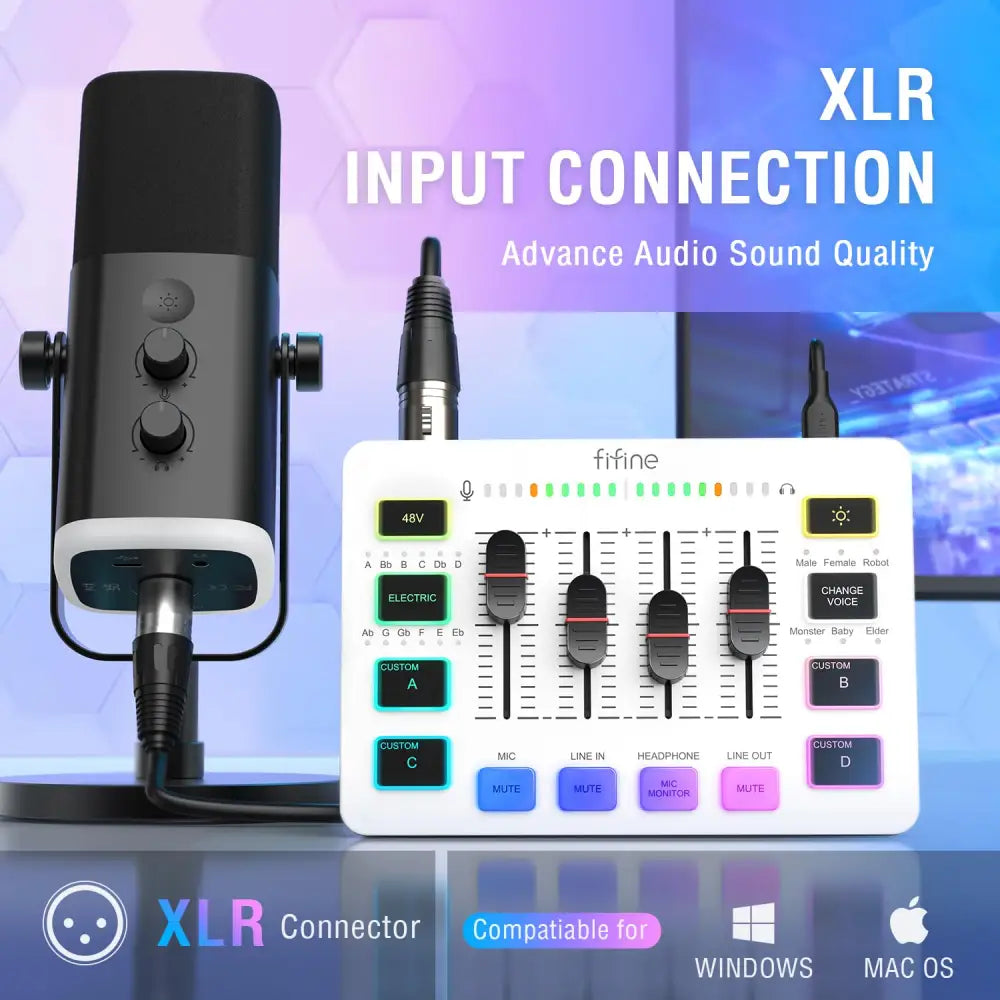 FIFINE Gaming Audio Mixer, Streaming RGB PC Mixer with XLR Microphone Interface, Individual Control, Volume Fader, Mute Button, 48V Phantom Power, for Podcast/Recording/Vocal/Game Voice-AmpliGame SC3