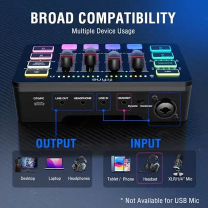 FIFINE Gaming Audio Mixer, Streaming RGB PC Mixer with XLR Microphone Interface, Individual Control, Volume Fader, Mute Button, 48V Phantom Power, for Podcast/Recording/Vocal/Game Voice-AmpliGame SC3