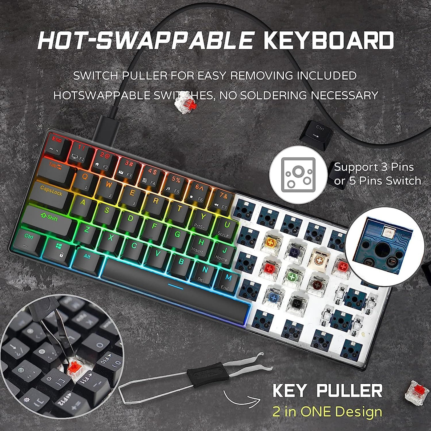 RK ROYAL KLUDGE RK61 Wired 60% Mechanical Gaming Keyboard RGB Backlit Ultra-Compact Hot Swappable Red Switch Black